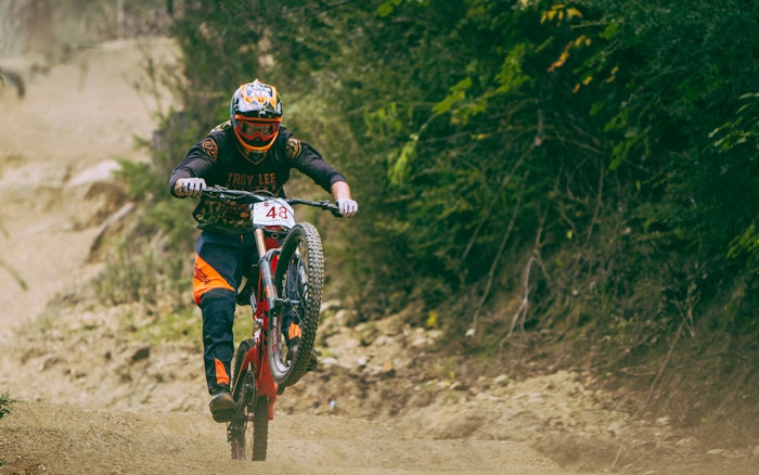 Brendan Fairclough in the  Whoops  section of the Queenstown Bike Park Original trail. Photo by Callum Wood